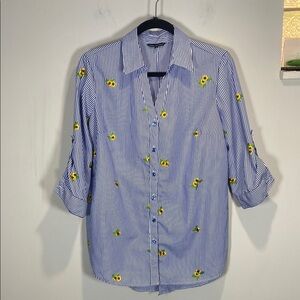 Unique Spectrum Classic Blue and White Striped Shirt Sunflowers Embroidery